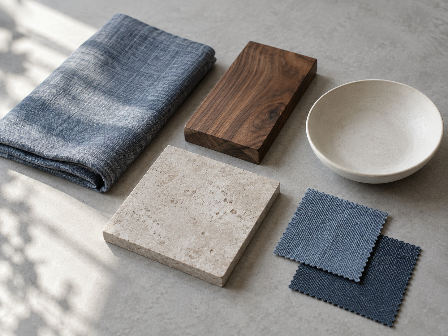 Material study with blue-gray linen, walnut, limestone and a ceramic bowl