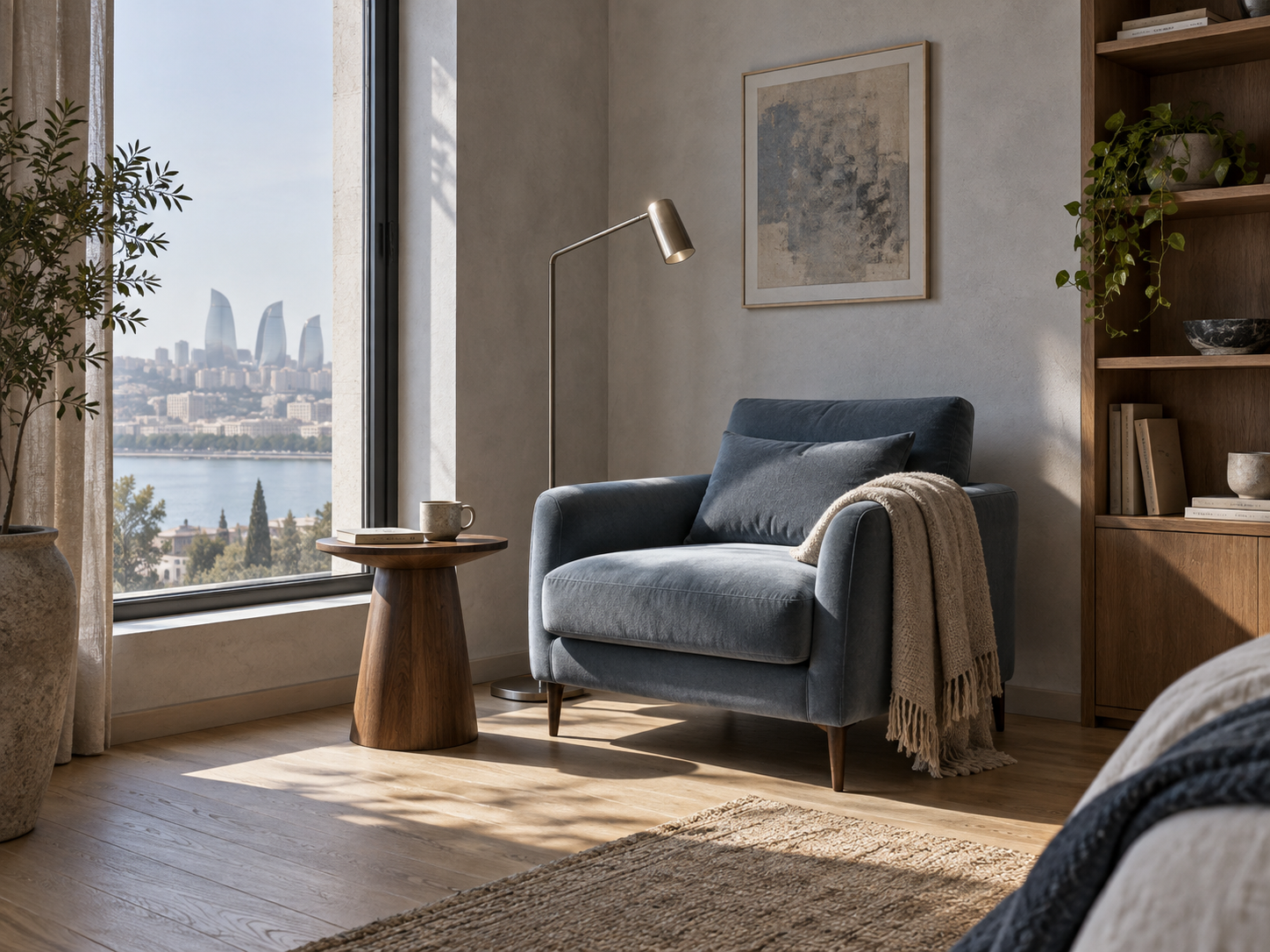 Blue reading chair beside a window, with a walnut side table and a reading lamp